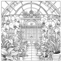 create a blackandwhite coloring page of orchids in full bloom inside a greenhouse use bold outlines for large petals stems and a few leaves add arching stems for variety include minimal background details like glass panes or plant pots to keep the focus on the orchids keep the design simple