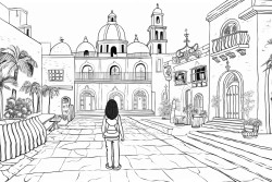 a mexican plaza with little girl