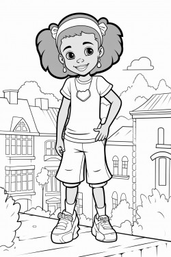 a african american little girl with a long jean skirt standing on a building