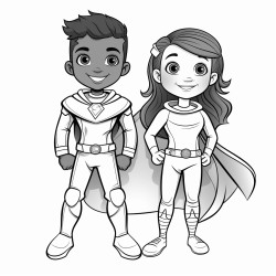 olouring book that has an image of a 6 year old blackbrown skin superhero child one male and one female smiling