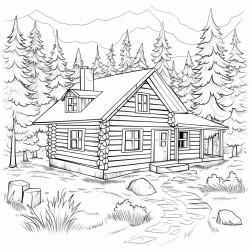 simple blackandwhite coloring page for children of a log cabin under pine trees niji 4