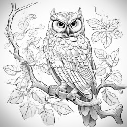 coloring page owl perched on a tree branch with leaves around no shading high details thick lines