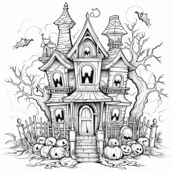 a haunted house and spooky halloween things in a storm and letters spelling happy stormoween