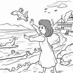a girl throwing a squirrel down by the bay
