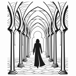 a mysterious silhouette walking through the arches of a dark gothic castle