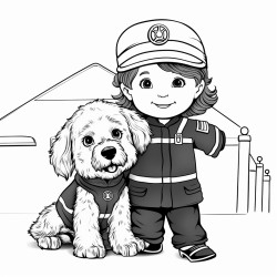 a four year old boy with curly hair with his 2 year old sister with curly hair and goldendoodle dog being fire fighters