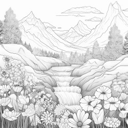 purplish blue mountains with river and a filed of flowers