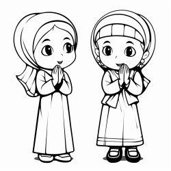 two little cartoon muslim girls wearing jilbab praying salah standing with hands raised up by ears
