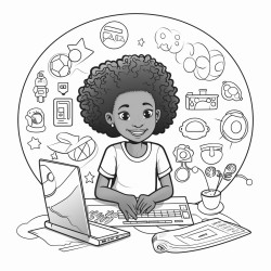 black girl working as a graphic designer with pictures around her