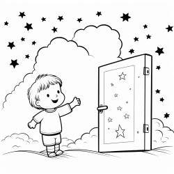 una puerta abierta hacia un horizonte luminoso con detalles de estrellas alrededor pgina para colorear