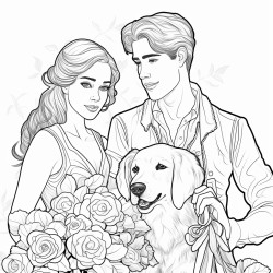 young man with retriever gives roses to young lady