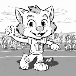 bobcat mascot football player on football field with bobcat mascot cheerleaders