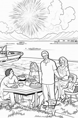 fourth of july scene with fireworks and a family enjoying a bbq grill lunch with dark outlines no color