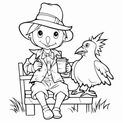 birds sitting on the arms of a scarecrow and drinking lemonade