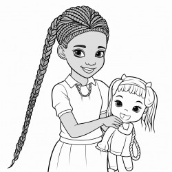 african american young girl with 2 ponytail braids playing with a doll