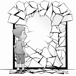 a person standing in front of a large shattered mirror