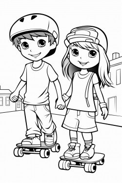 young boy and gir skateboarding through town