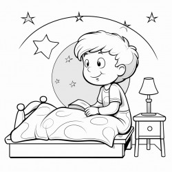 a little boy kneeled down by his bed praying and there is a window over his bed with the moon and stars outside