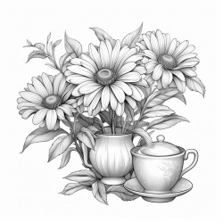 daisy on stem with 3 leaves laying next to one teapot  no other flowers
