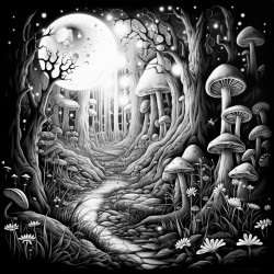 a mystical forest at night with fireflies