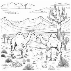 a desert scene with camels and cacti