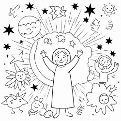illustrate the creation story with animals plants sun moon and stars all surrounded by gods loving hands