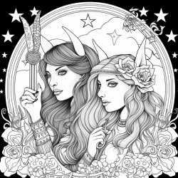 two tarotloving witches with background of unicorns and glitter