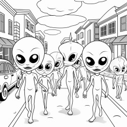 a group of aliens standing in the middle of a street