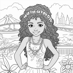 black and white 2d coloring book style stylish girl in brazil