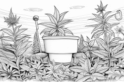 a line toilet sitting on a field of marijuana plants