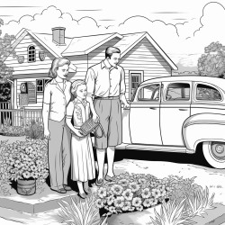 a poignant family farewell scene where parents wave goodbye to their departing teen no color no shading