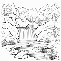 coloring book page natural landscape waterfall