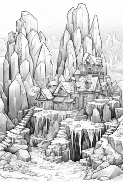 fancy cave of huge crystals black and white coloring book page outlines only white background