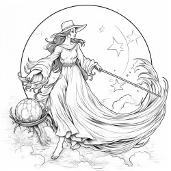 a witch riding a broom infront of a full moon