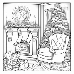 cozy christmas coloring book page no colors black and bold lines