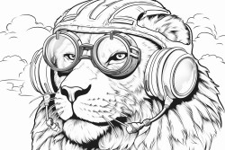 a lion mascot flying in a biwing airplane wearing aviation goggles