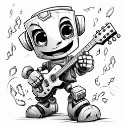 smiling robot playing guitar