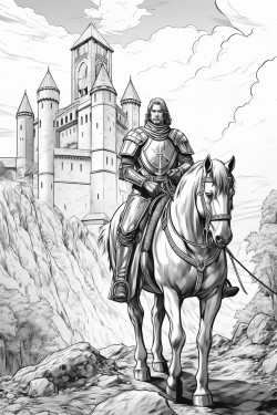 medieval knight in a fantasy setting on horse with sword and shield