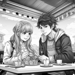 cute anime girl in cute dress at a diner with boy eating
