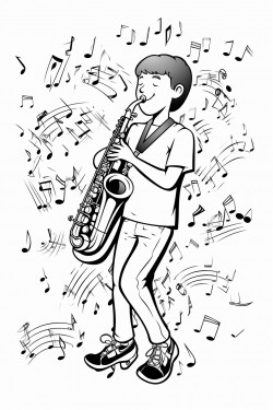 a teenage bari sax player wearing shorts and a swim team shirt he is surrounded by music notes reverberating off of him