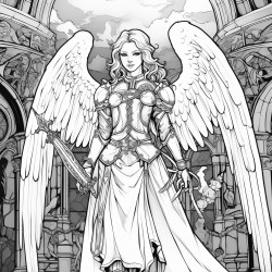 a gothic angel holding a sword standing in a graveyard with gothic arches in the background