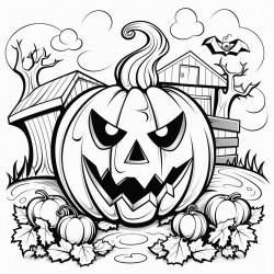 a giant pumpkin carved with a spooky face in the garden of a house the house is decorated for halloween