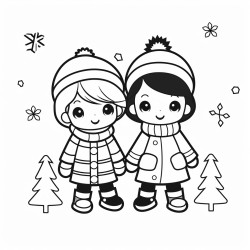 simple childrens coloring page with continuous thick lines and with no greyscale no background and no shading of 2 kawaii children ice skating on a frozen pond wearing santa hats