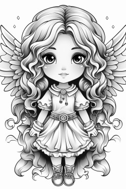 cartoon style child angel flowy dress and hair