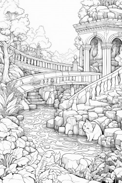 a geometic flowing fantasy garden in an eerie forest with a cat over looking a lake on top of a boulder