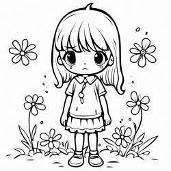 a girl crying big tears standing on grass with flowers