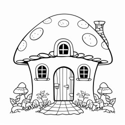simple blackandwhite coloring page for children age 10 of a boleto mushroom with windows chimney door garden  niji 4