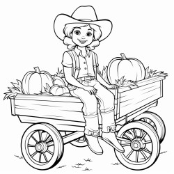 adult woman in jeans and check shirt sitting on a hay wagon which ist loaded with different pumpkins