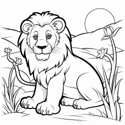 un lion majestueux assis sur une colline avec un coucher de soleil derrire lui