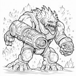 a monster made of lava shooting a lava minigun